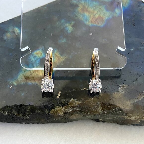 Sterling Silver 925 Round Cubic Zirconia Vermeil Two-tone Leverback Earrings - Picture 11 of 16